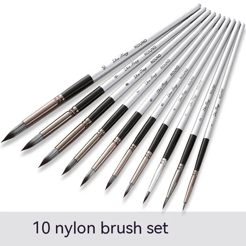 Ten black stick nylon paintbrushes with round tips, silver gray rods, and wood handles laid out
