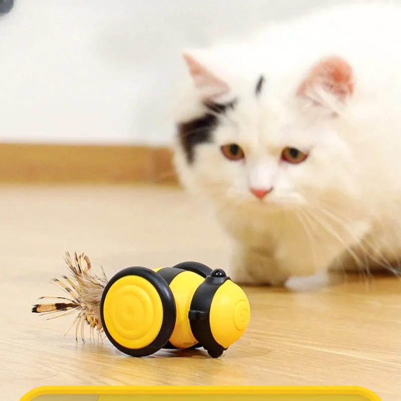 Electric cat toy with bee design on feather teaser wand showing automatic movement function