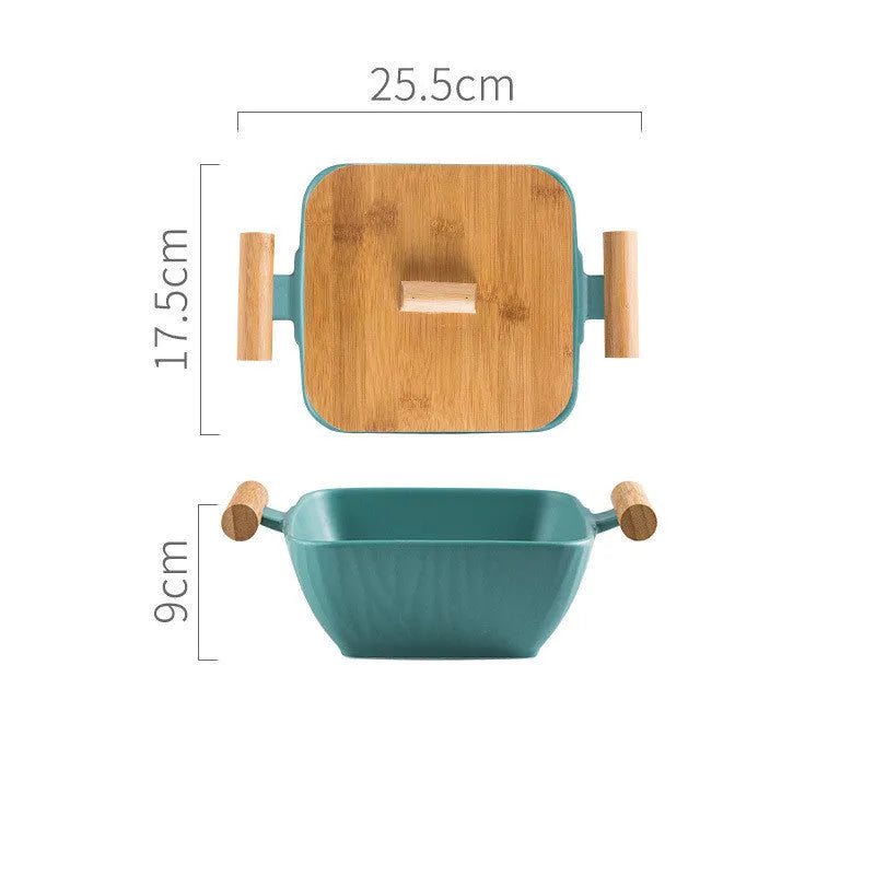 Modern ceramic bowl with irregular shape and matching lid in four colour options