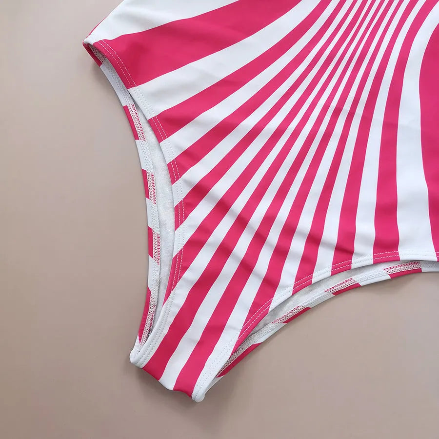 Pink striped one-piece swimsuit for women on a mannequin, showing front and rear digital print detail.