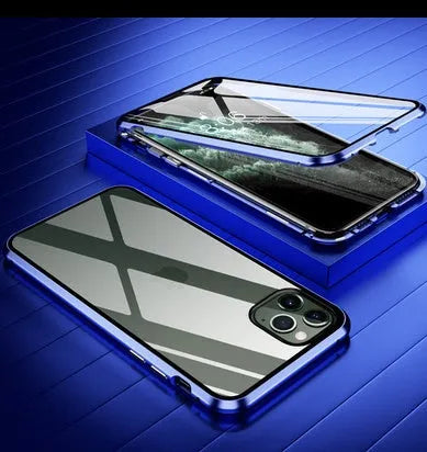 Glass clamshell anti-spy privacy case for iPhone in black, blue, gold, green, red, and silver colour options.