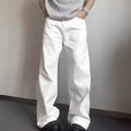 Men's white straight-leg denim jeans with a wide fit and mid-rise waist on a plain background.