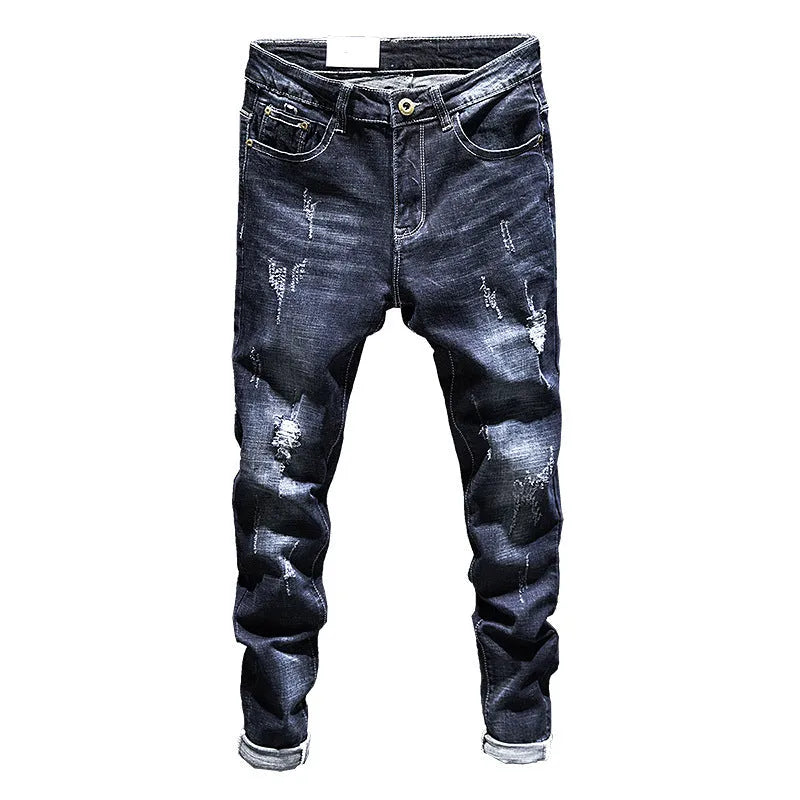 Men's slim-fitting skinny jeans in dark blue denim with micro elasticity and mid waist design