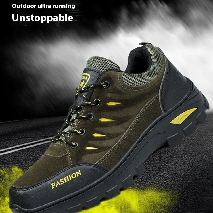 Men's suede hiking shoes with rubber sole in green colour showing mid-top design and lace-up closure