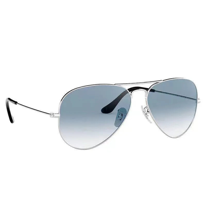 Tempered glass sunglasses with UV protection in gold, silver, and black frame options with dark green and blue lenses.