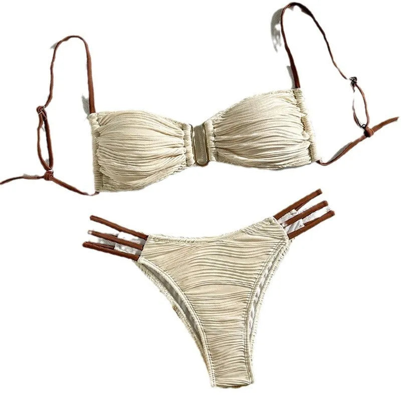 Women's three-piece striped polyester bikini set in European American style, available in five colours, sizes XS-L