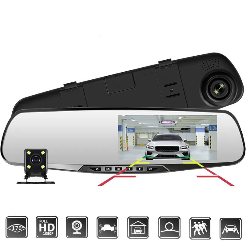 Car driving recorder HD night vision rearview mirror 4.3-inch wide-angle lens black