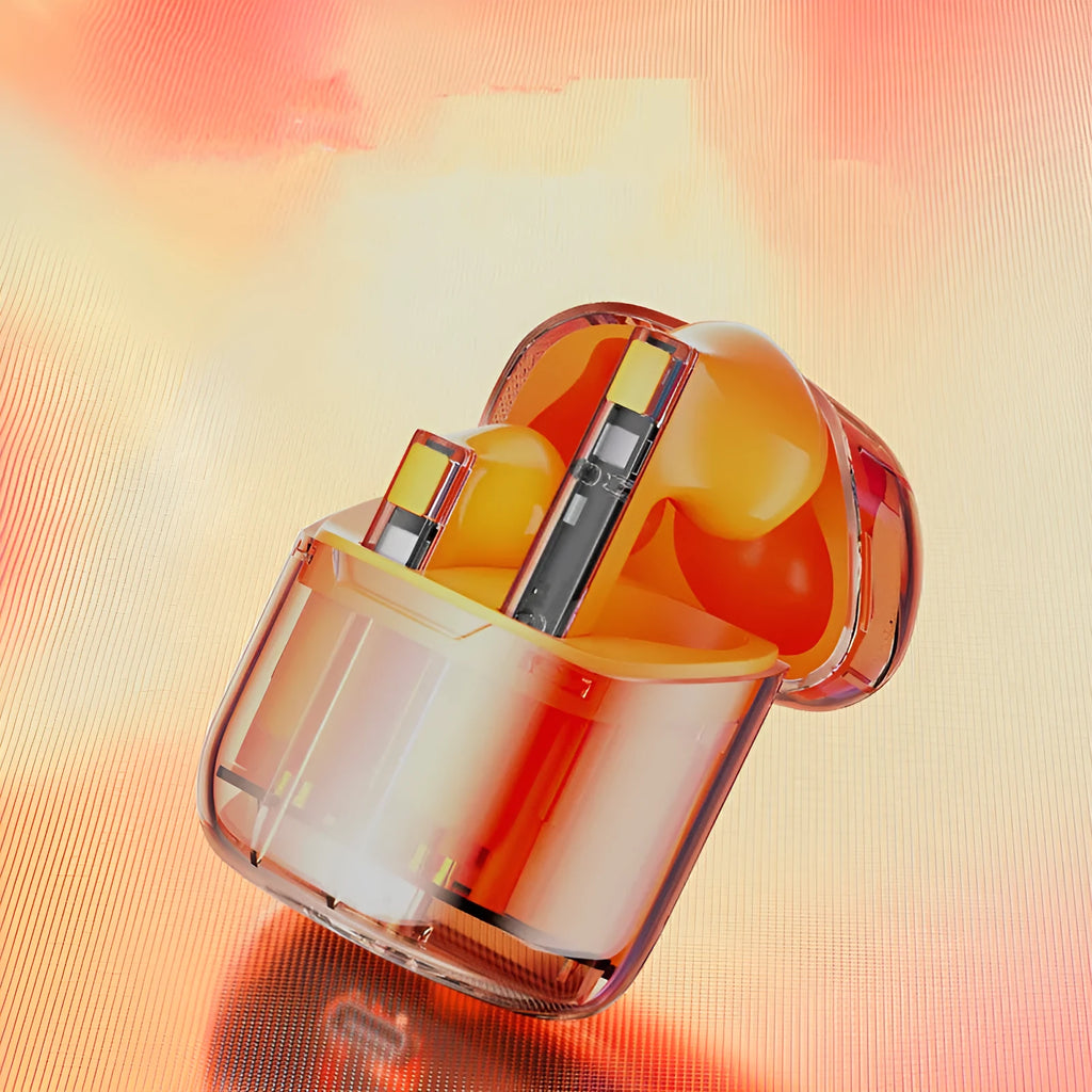 YX06 wireless TWS headphones in four colours with a transparent charging case.