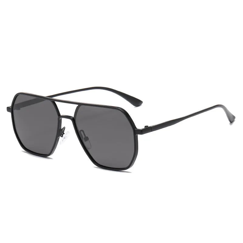 Men's polarised driving sunglasses with irregular frame in black, gold, or gunmetal colour options.
