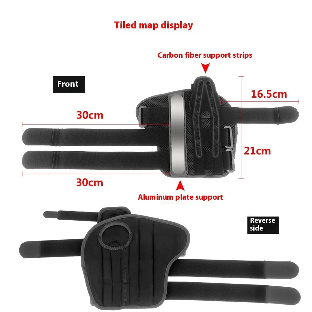 Black carbon fibre sports wrist guard with grey edging and an adjustable thumb strap
