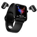Black all-touch smart Bluetooth headset watch with 1.69-inch screen on wrist, showing charging case with earpieces.