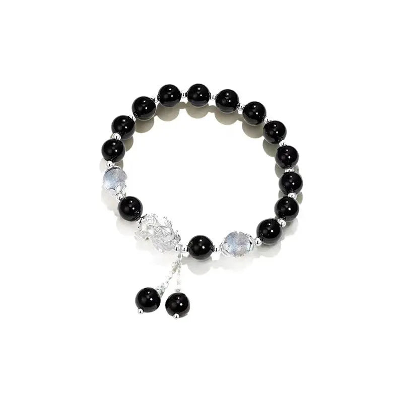 Natural black agate couples bracelet with 10mm wave beads and grey opal accents