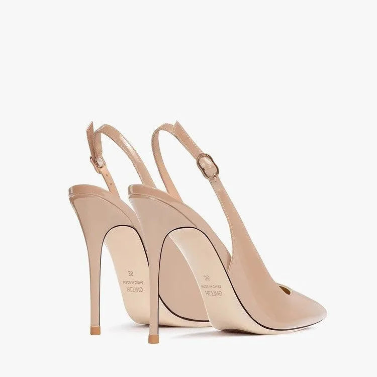 Women's nude high-heeled sandals with an ankle strap and hollow design.