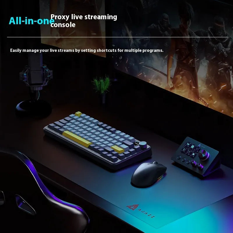 Black wired gaming keyboard with live assistant and audio channel control buttons, compact 130x80x60mm ABS body