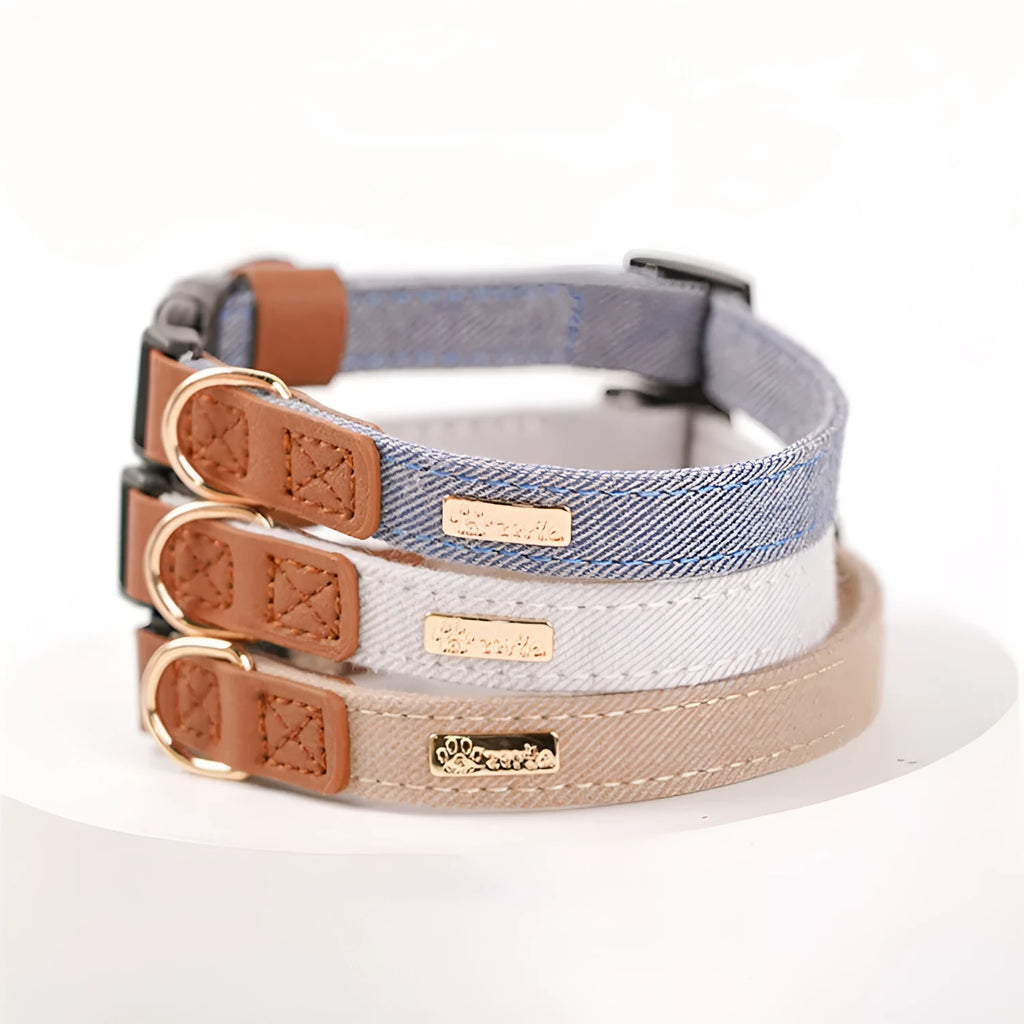 Anti-lost nameplate mohair dog collar in cement gray with matching hand holding rope for Shiba Inu