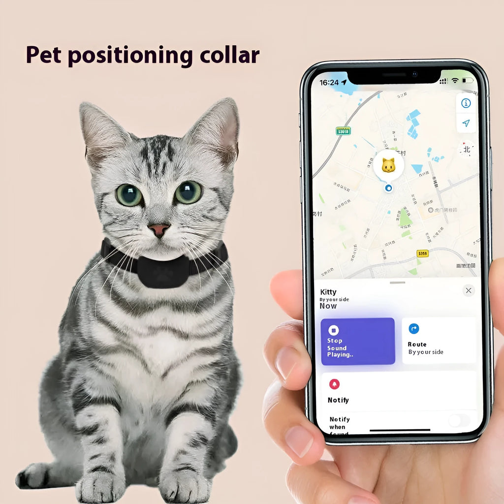 Black Bluetooth pet positioning collar with adjustable strap on a grey background.
