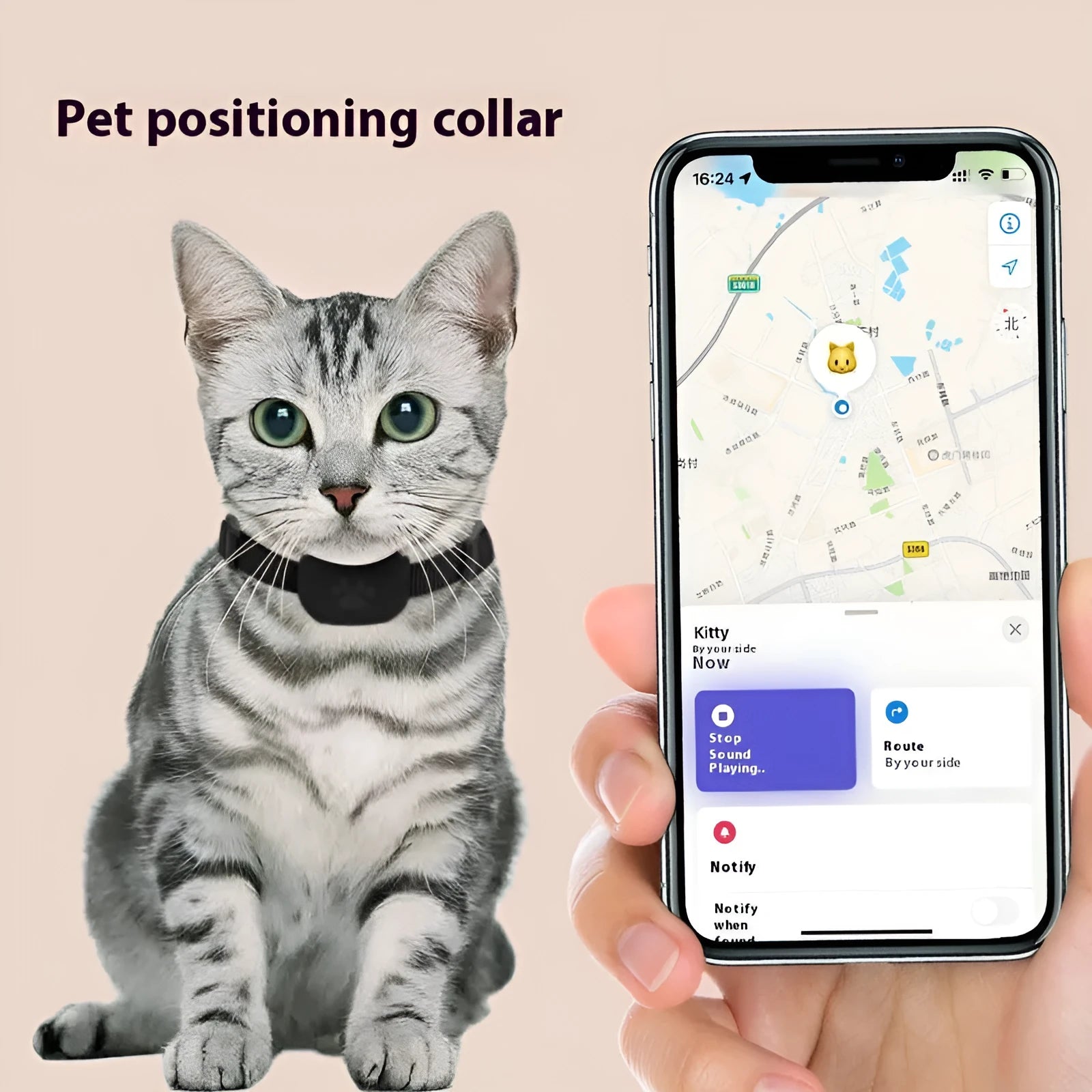 Black Bluetooth pet positioning collar with adjustable strap on a grey background.