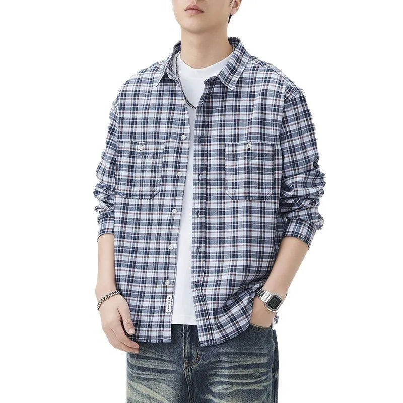 Mens blue grid plaid cotton long sleeve shirt loose fit cardigan coat