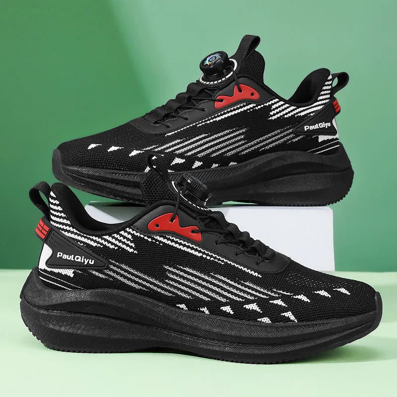 Men's white green and grey Fly-kit mesh sports shoes with rotating buckle closure and lace-up front