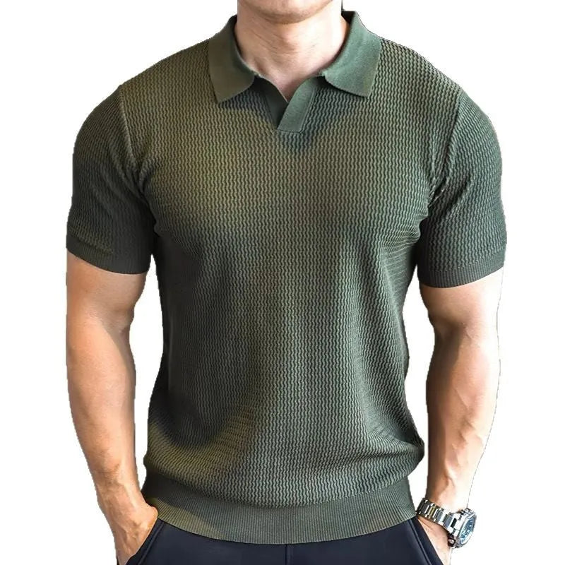 Men's button-down henry collar polo shirt in slim fit, shown in a solid colour.