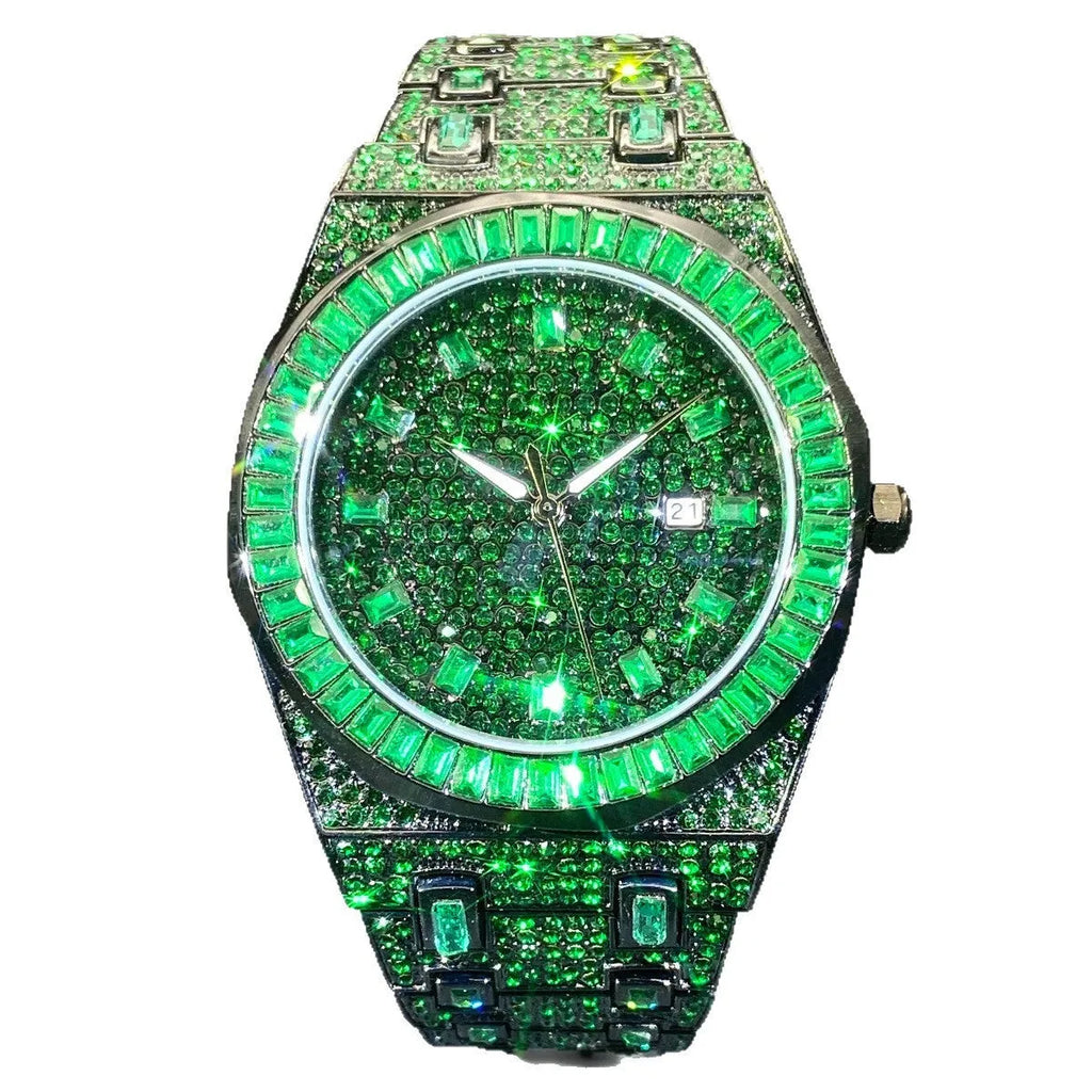Men's green full rhinestone quartz watch with alloy case, 13mm thickness, hip hop fashion style