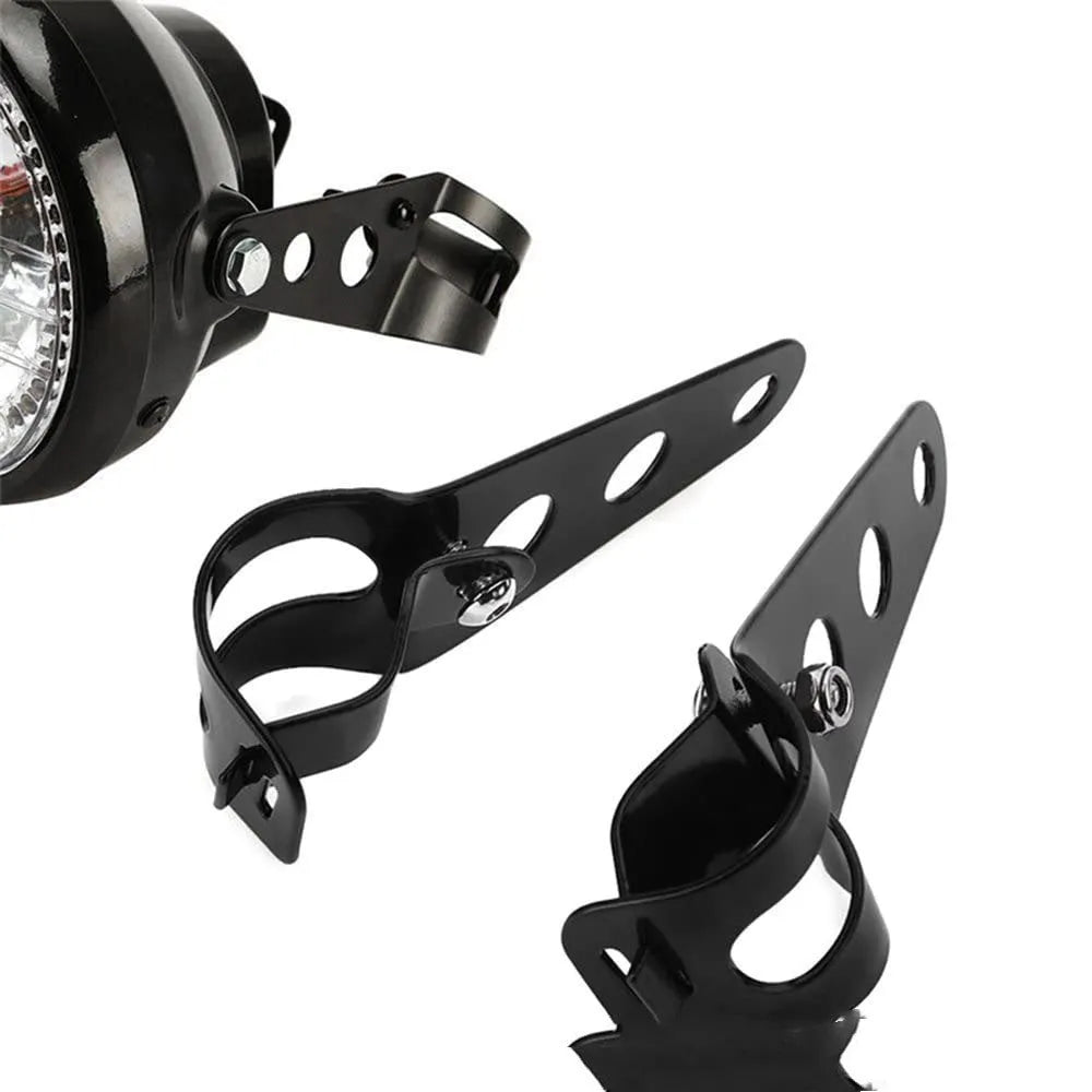 Black iron motorcycle headlamp bracket pair for retro bike modifications