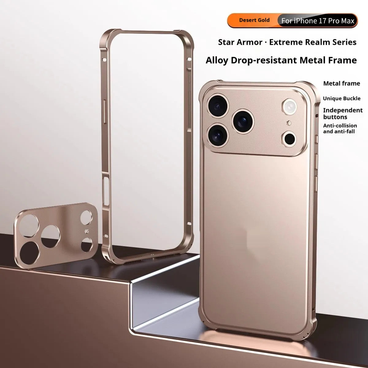 iPhone 17 alloy mobile phone case with metal corner frame and seahorse buckle in frosted finish