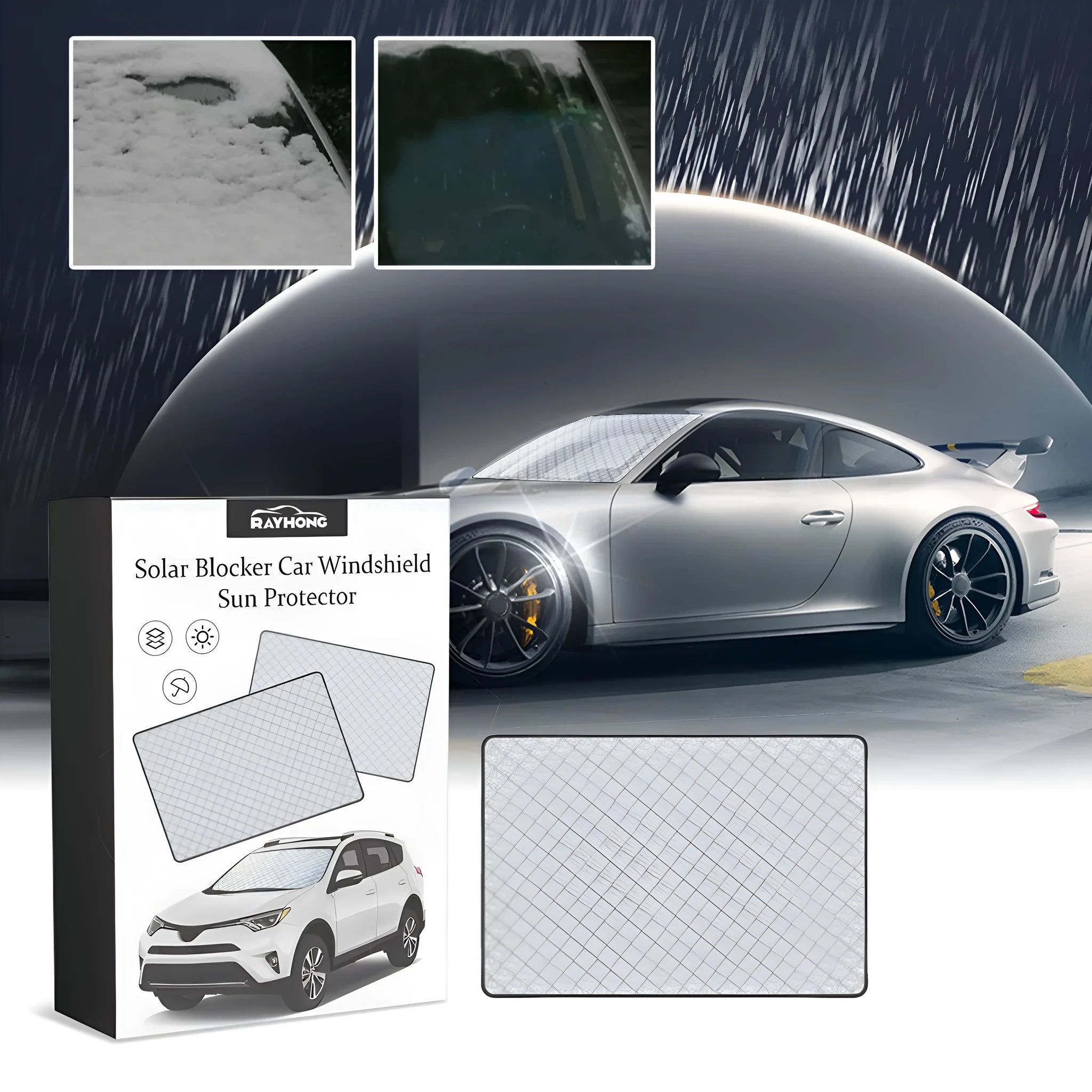 Front car windscreen aluminium film frost cover measuring 140 by 95 cm with reflective surface