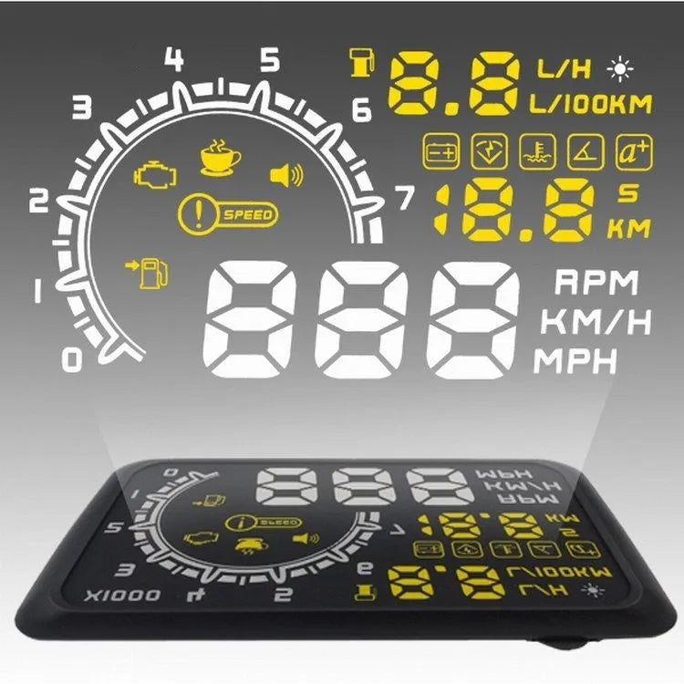 Black ABS head up display with multicolour nanotechnology screen on a non-slip mat for OBD II cars