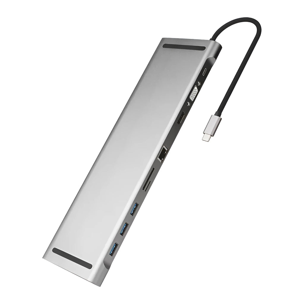 Grey aluminium alloy USB C docking station with ten ports and an integrated cooling bracket.