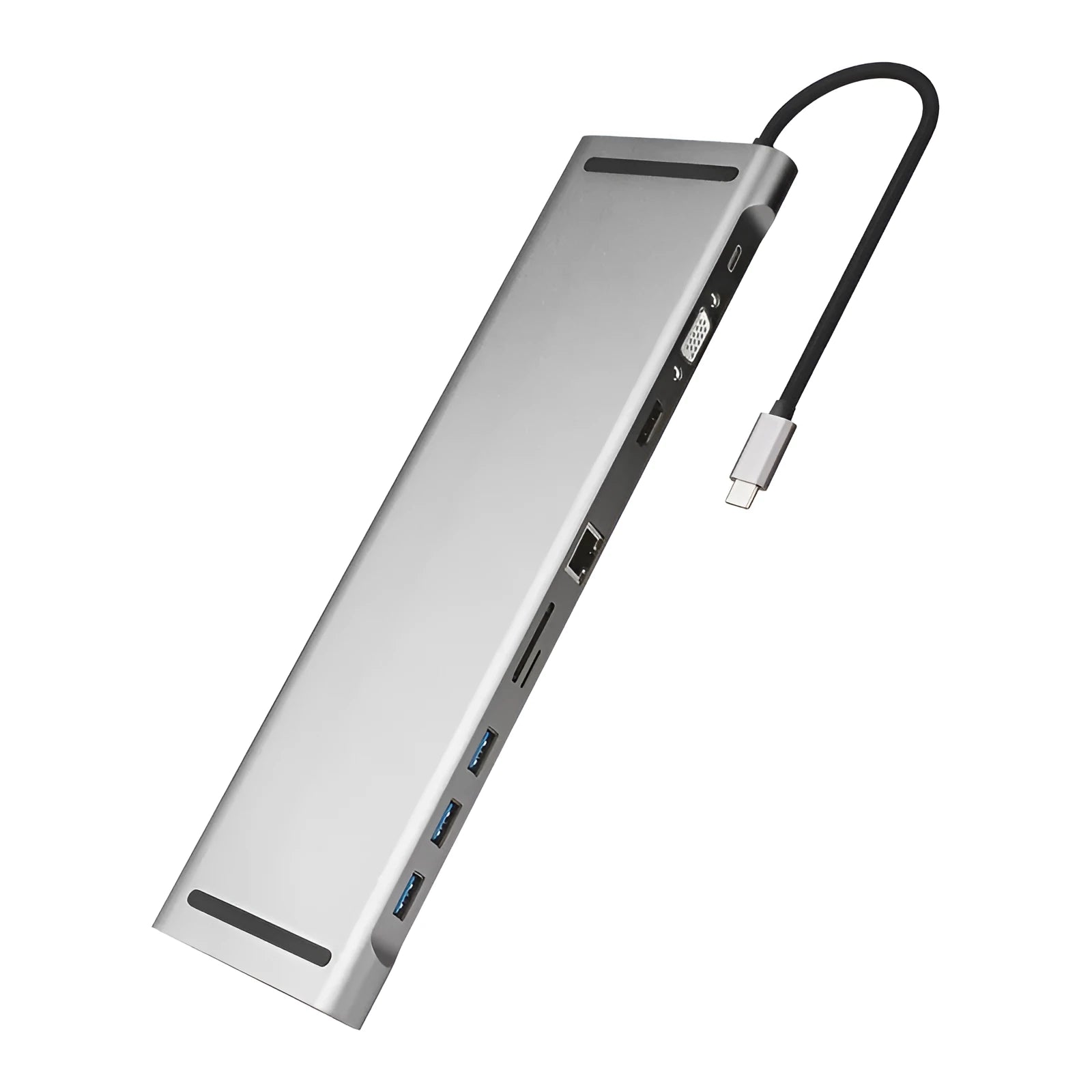 Grey aluminium alloy USB C docking station with ten ports and an integrated cooling bracket.