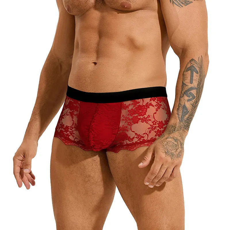 Men's black lace briefs with hollow-out see-through design on mannequin