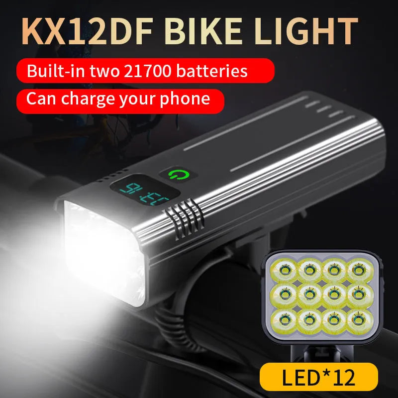 Black KX12DF digital display bicycle headlight with USB port mounted on bike handlebars