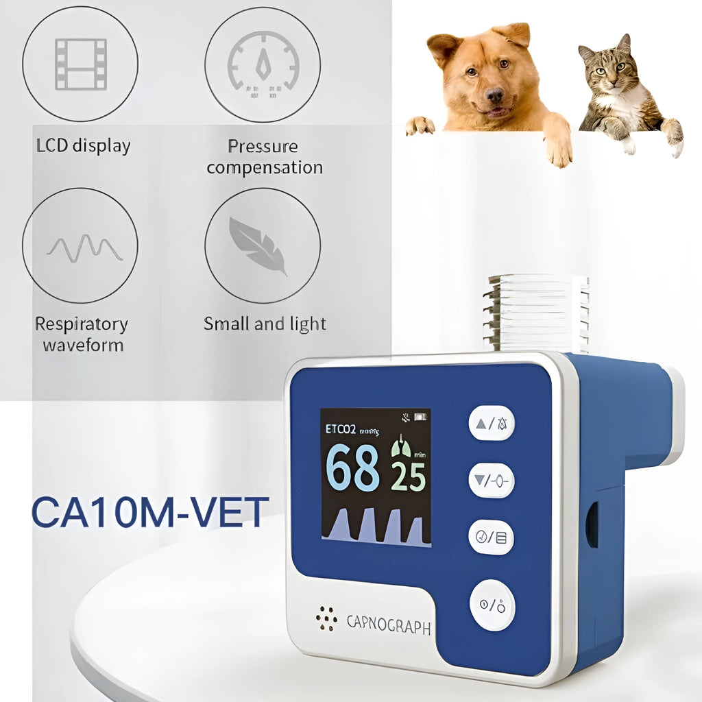 Veterinary CA10M mainstream CO2 capnograph monitor with display, air adapter, and AAA batteries in a handheld design