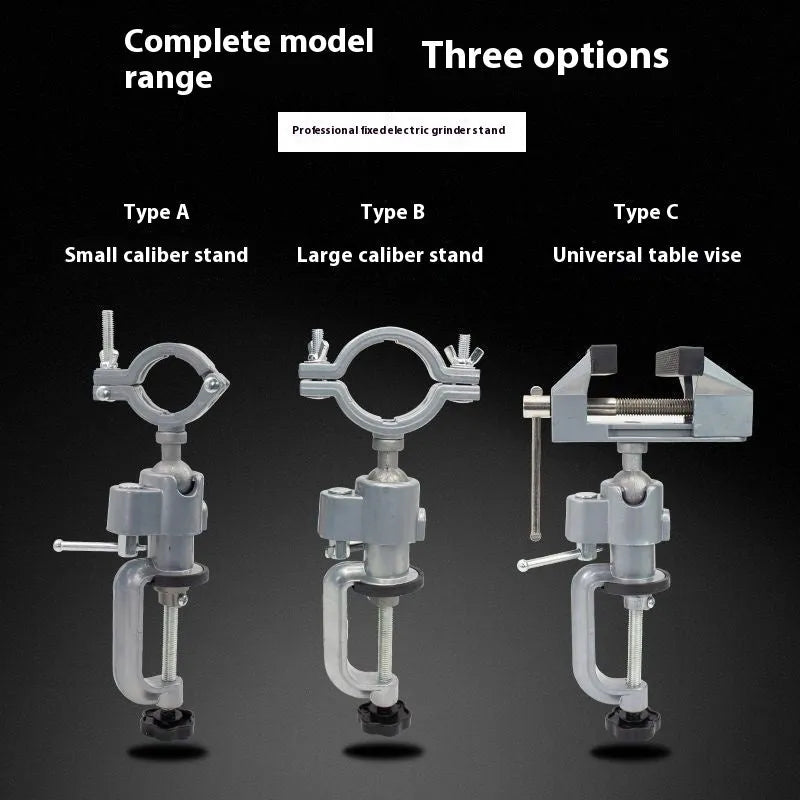 360-degree rotating clamp-on bench vise with tungsten steel construction showing single and double hole specifications