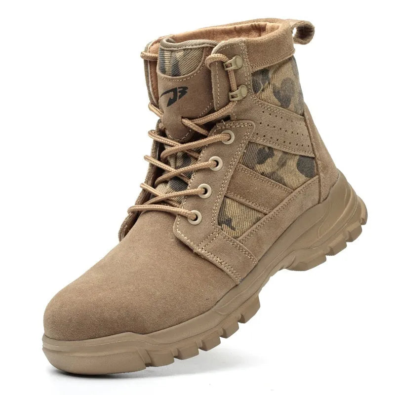 High ankle combat safety boots with steel toe, fly weave upper, EVA rubber sole, black or khaki