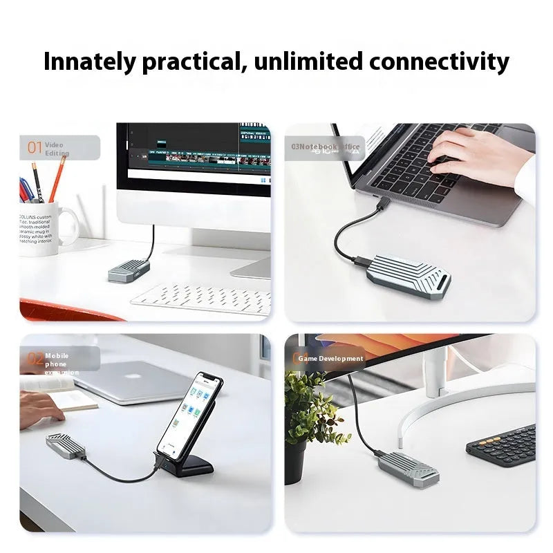 Aluminium Thunderbolt 4 external enclosure for M.2 NVMe solid state drives in silver or grey.