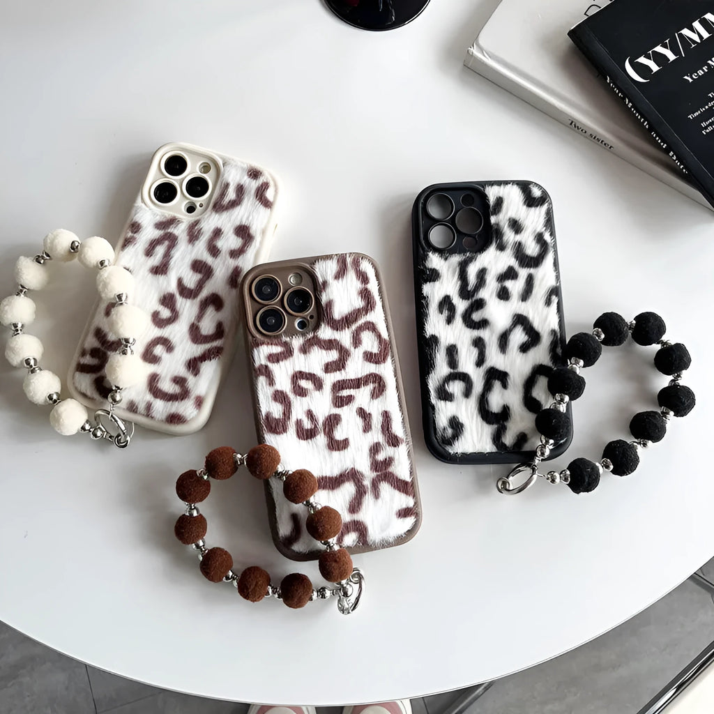 Leopard printed plush silicone iPhone case with chain and bracelet in brown, black or beige