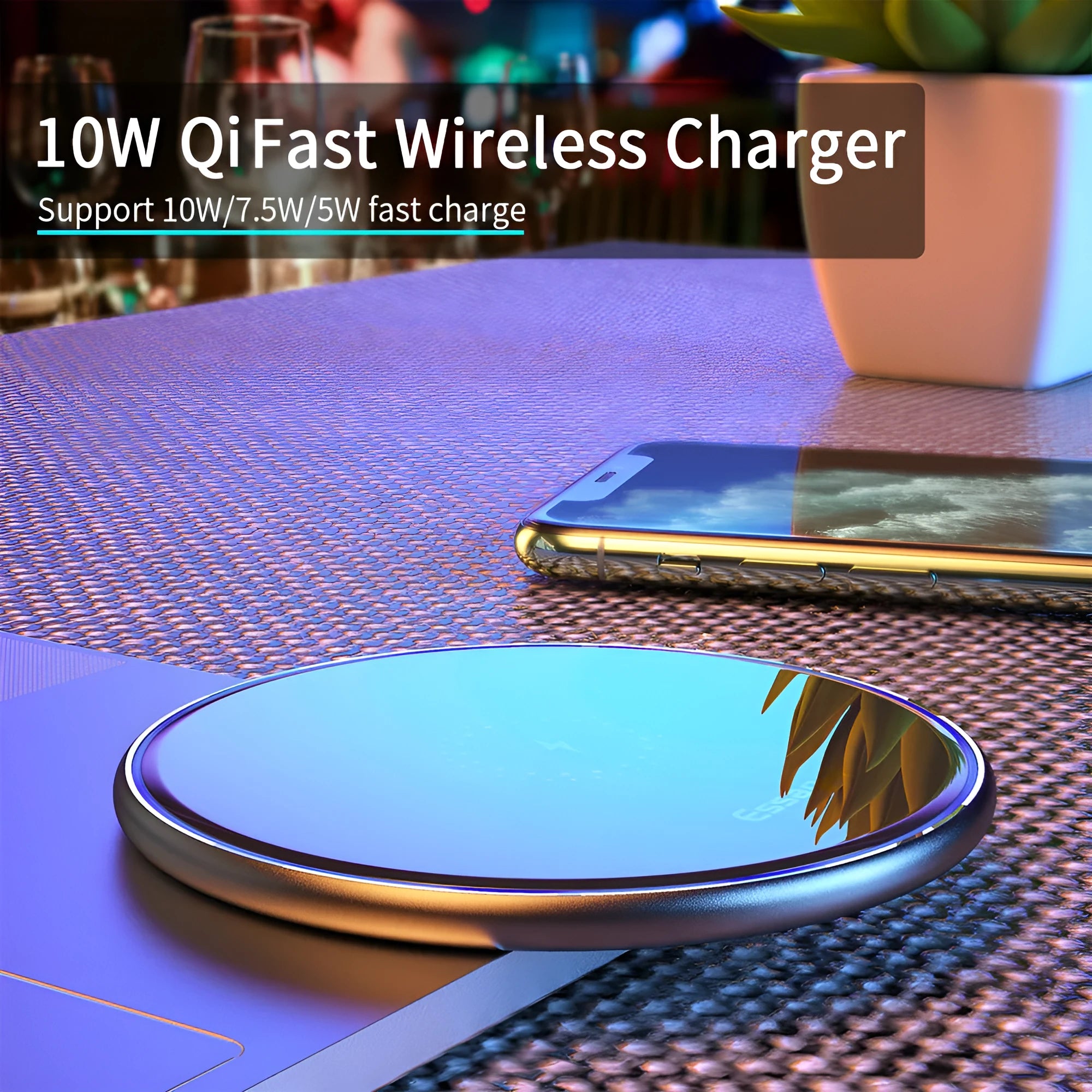 Black wireless charging pad with LED indicator for iPhone Samsung phones