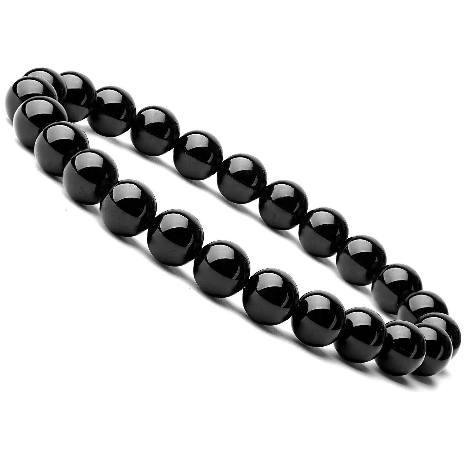 Women's geometric black agate bracelet with elastic cord, shown in 8mm bead size.