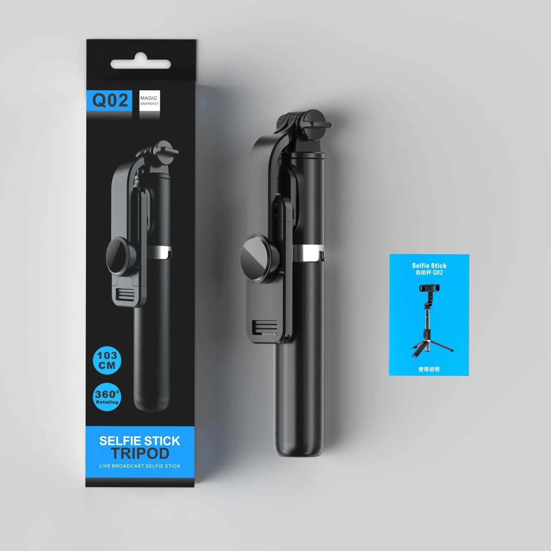 Portable retractable selfie stick tripod with Bluetooth remote and stainless steel shaft in black on a flat surface