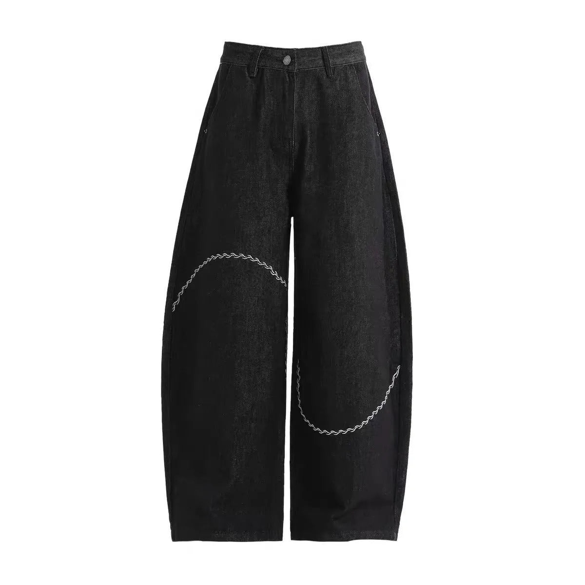 Black straight-leg denim trousers with micro-elastic waist and zip fly closure