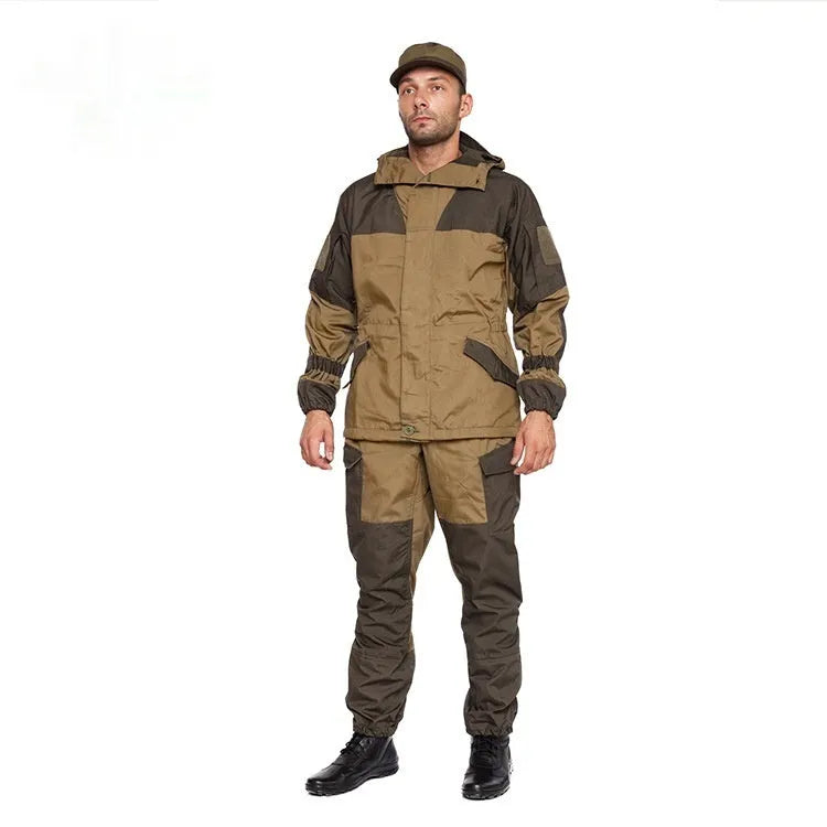 Men's Special Forces tactical combat uniform in cotton blend, featuring jacket and trousers, shown in camouflage green.