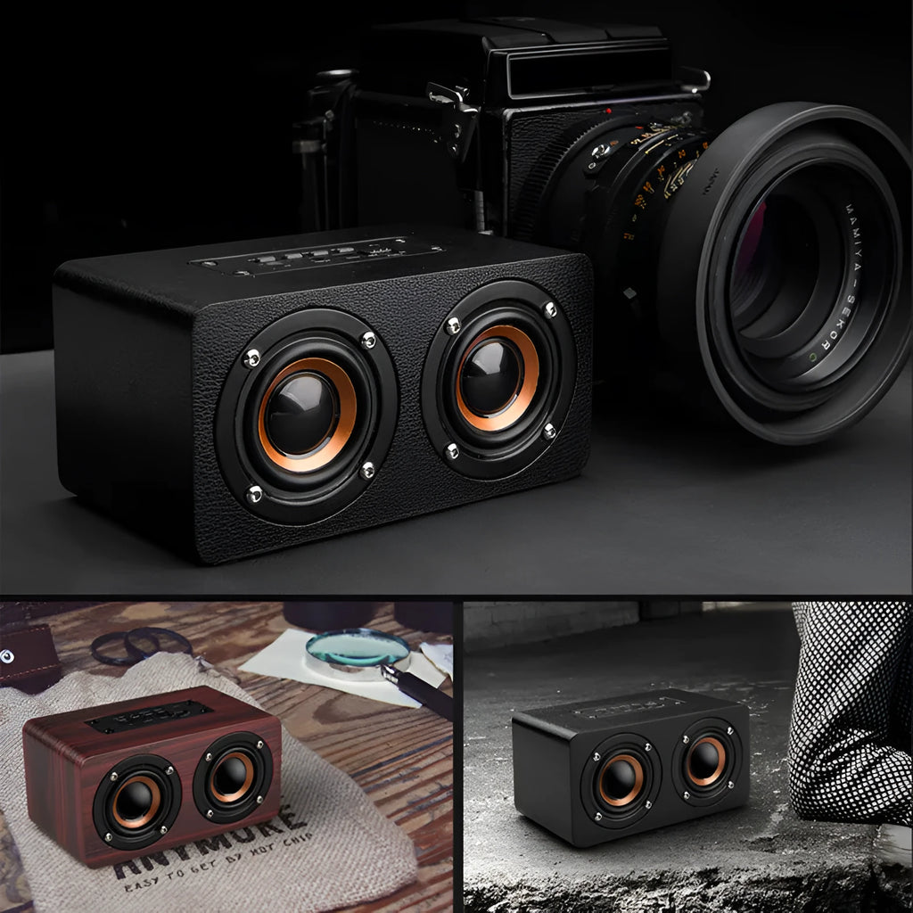 Wooden Bluetooth speaker with 8-inch subwoofer, graffiti colour, dual speakers, and compact dimensions 150x85x76mm