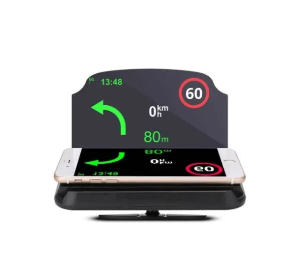 Black mobile navigation bracket with hard tempered glass Head-Up display and suction cup magnet mount on car dashboard