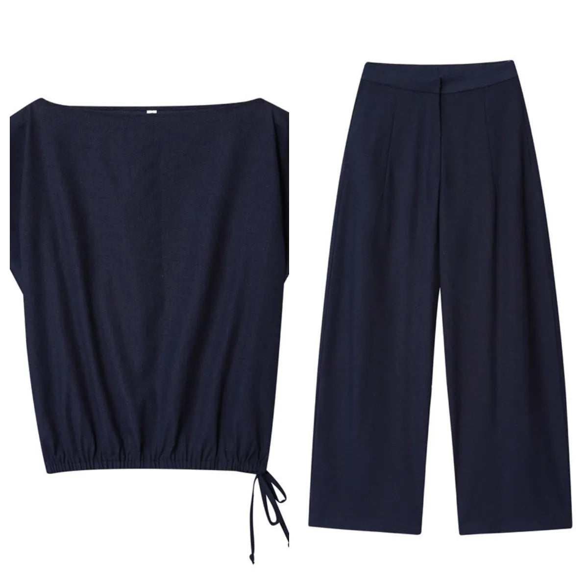 Women's linen blend wide-leg trouser and flounced sleeve top co-ord suit set in a professional style.