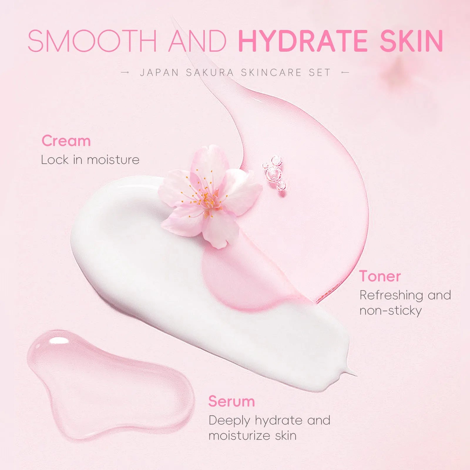 Cherry Blossom brightening and cleansing six piece facial skin care set with bottles and jars