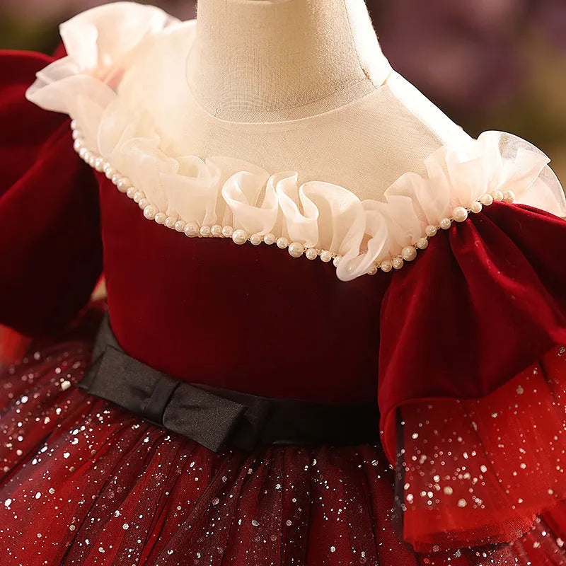 Wine red polyester children's princess dress for girls suitable for heights 80cm to 150cm