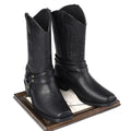 Men's retro high heel leather boots with square toe and horseshoe heel in brown