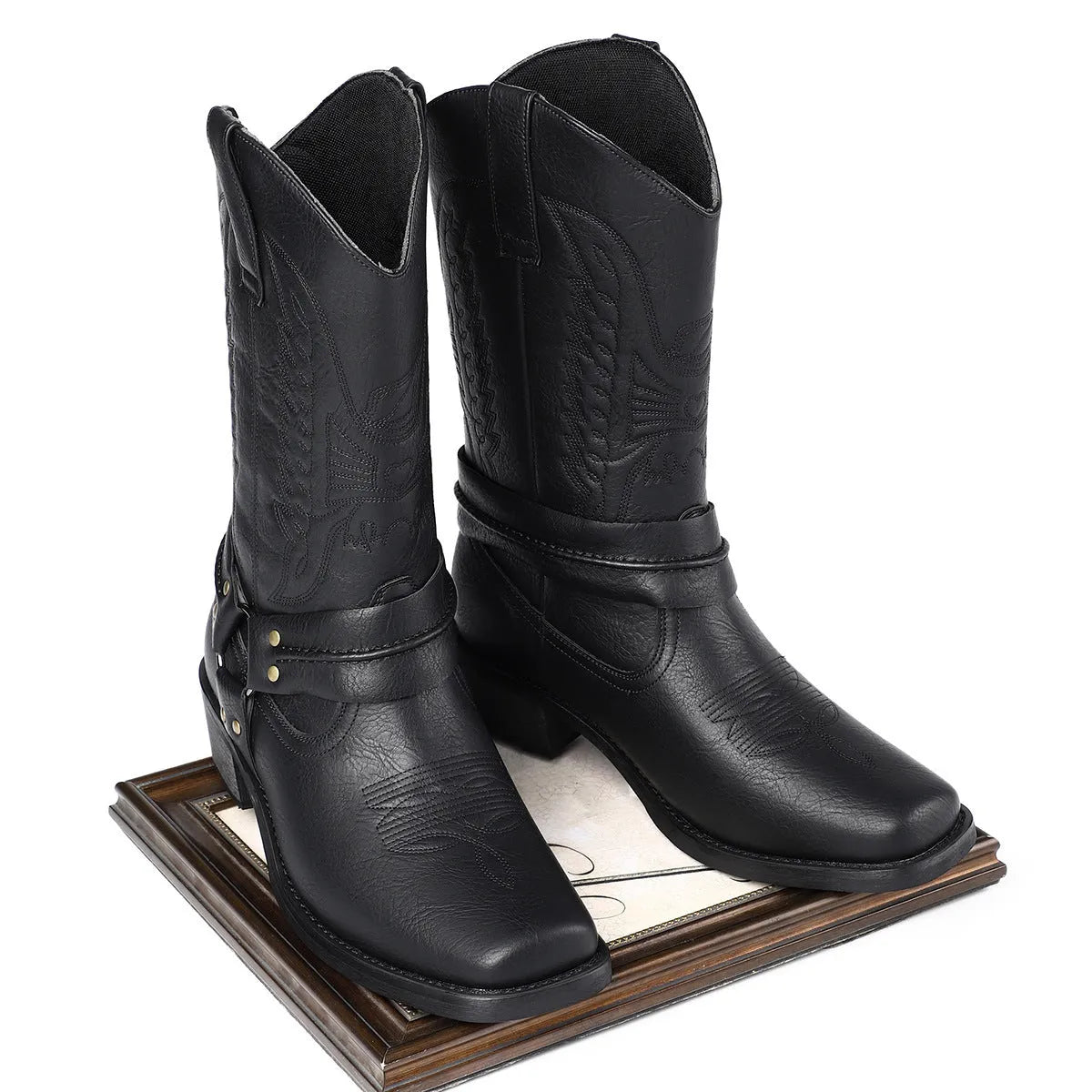 Men's retro high heel leather boots with square toe and horseshoe heel in brown